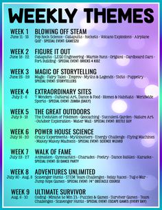 a poster with the words weekly themes in black and white on blue, green, purple and