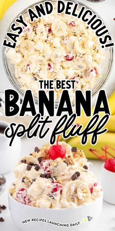 the best banana split ever is served in a white bowl with chocolate chips and bananas