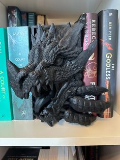 a book shelf filled with books and a dragon head statue next to other books on top of it