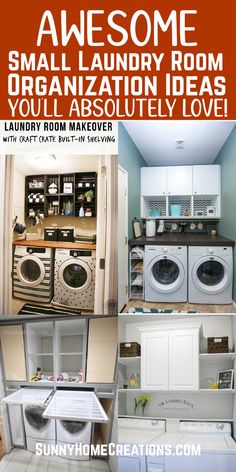 an advertisement for laundry room organization with pictures of washers and dryers in different rooms