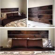 three different pictures of a bed made with wood