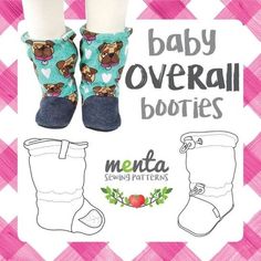 a pair of baby boots with dogs on them and the words, baby overall booties