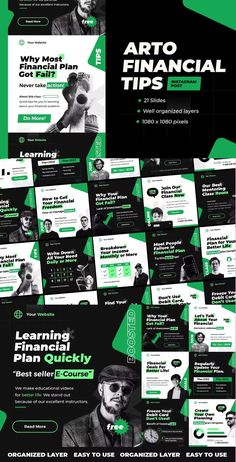 a bunch of green and black business flyers