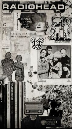 a collage of various images and words in black and white, with the word radiohead on it