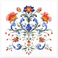 an artistically painted design with flowers and leaves