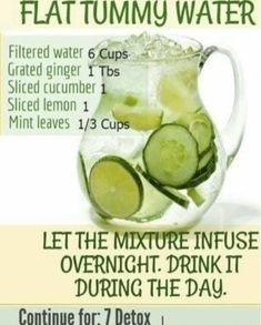 Flat Tummy Water Recipes, Stomach Flat, Mint Water, High Calorie, Natural Detox Drinks, Ginger Recipes