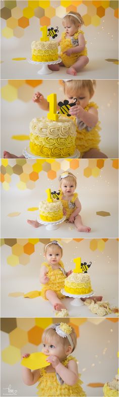 a baby is sitting in front of a cake