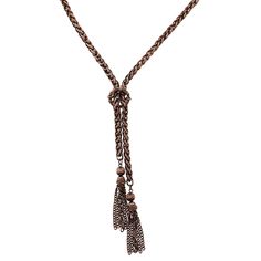 Take hold of the season's hottest trend with this stylish copper tone or black tone tassel necklace. Featuring a thick rope chain with copper toned or black tone tassels below in a lariat style. A sleek and stylish accessory that looks great with any outfit. Measurements: 27" L x 0.75" W x 6" H Made In USA 2028 Jewelry Collection 2028 Jewelry features more fashion forward design choices comprised of premium components. The collection is enhanced with noticeable statement pieces that respect vint Rope Tassel, Refined Fashion, 1928 Jewelry, Vintage Inspired Jewelry, Thick Rope, Jewelry Antique, Jewelry Companies, Summer Jewelry, Jewelry Packaging