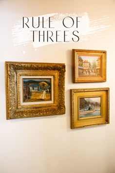 Three gold picture frames arranged on a cream colored wall. The rule of threes.simple design tip to make life easy and your home awesome! Ways To Hang 3 Pictures On A Wall, Five Frame Gallery Wall, Arranging 3 Pictures On Wall, Rules For Hanging Pictures, Small Gallery Wall 3 Frames, Three Photo Gallery Wall, Family Portrait Framing Ideas, Hanging Three Pictures On Wall Same Size, Gallery Wall Three Frames