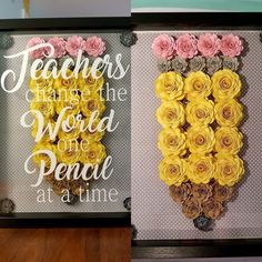 two framed pictures with flowers and words on them