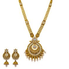 What better way to light up the room than with this exquisite 22k antique gold and kundan stone jewlery set from Virani. The bright kundan stones used in this bridal jewelry necklace and earring set perfectly compliment the 22k antique gold and beaded details. Features• 22k yellow gold• Kundan stonesVirani Jewelers bridal jewelry made from 22k gold brings together the beauty and significance of Indian culture and traditions. Find more beautiful 22k gold Indian bridal like this kundan stone neckl 22k Gold Chandbali Bridal Necklace For Diwali, Diwali Bridal Chandbali Necklace In 22k Gold, Diwali Chandbali 22k Gold Bridal Necklace, Intricate Design Jewelry Sets For Reception And Festivals, Yellow Gold Kundan Bridal Necklace With Hand Set, Hand Set Kundan Bridal Necklace In Yellow Gold, Kundan Bridal Necklace In Yellow Gold, 22k Gold Bridal Chandbali Necklace With Stone Work, Bollywood Style Yellow Gold Kundan Necklace With Intricate Design