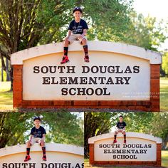 three photos of a boy sitting on the sign for south douglas elementary school, which is located in southern douglas, texas