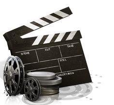 an old movie clapper and reels on a white background