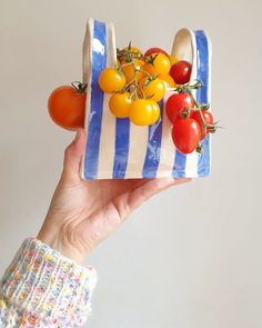 a hand holding up a small ceramic container with tomatoes and cherry tomatoes on the top