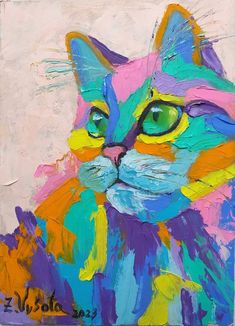 a painting of a colorful cat with green eyes