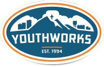 a blue and orange sticker with the words youth works est 1994 written on it