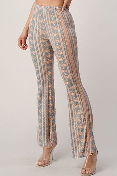 BOHO PRINT HIGH WAIST Mini Bell bottoms  Fabric 97% POLY 3% SPANDEX  Made in China Pants MADE IN USA Printed Straight Pants For Loungewear, Printed Straight Lounge Pants, Bohemian Stretch Printed Pants, Patterned Printed Straight Pants, High Waist Stretch Printed Bottoms, Casual Stretch Patterned Pants, Printed Stretch Bottoms For Loungewear, Summer Stretch Patterned Bottoms, Stretch Patterned Bottoms For Summer