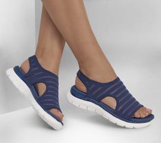 Let yourself move in superior comfort wearing Skechers Cali Flex Appeal 4.0 - Boldest! This breathable Stretch Fit comfort sandal features a mesh H-band upper with a Yoga Foam cushioned insole. | Skechers Women's Flex Appeal 4.0 - Boldest Sandals | Medium Width | Yoga Foam cushioned comfort footbed | Stretch Fit design for sock-like comfort | Crafted with 100% vegan materials | Open-toe comfort sandal with a sling back | Breathable H-band mesh upper | Shock-absorbing midsole | Super flexible tra Comfortable Walking Sandals Skechers Usa, Skechers Sandals, Sketchers Shoes, Orthopedic Sandals, Super Flexible, Wide Shoes, Navy Fashion, Skechers Women, Comfort Wear