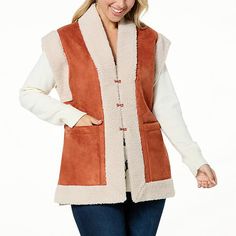 DG2 by Diane Gilman Faux Shearling Vest  Cozy meets rugged-chic with this faux shearling vest. Toss it on over a thermal tee and jeans on those chilly mornings when you want to stay warm and stylish. Casual Fall Vest With Fleece Lining, Fall Layering Vest With Fleece Lining, Fall Vest With Fleece Lining For Layering, Brown Faux Fur Trim Vest For Fall, Brown Vest With Faux Fur Trim For Fall, Faux Shearling Vest, Shearling Vest, Draped Fabric, Stay Warm