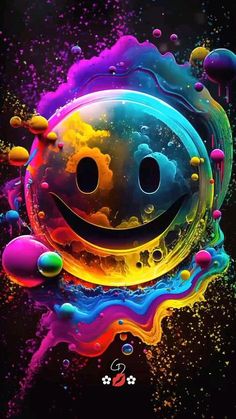 a smiley face surrounded by colorful paint and bubbles on a black background with the words happy in