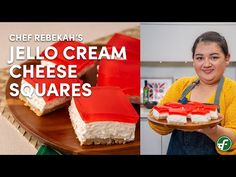 a woman holding a plate with desserts on it and the words jello cream cheese squares