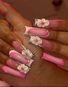 #nailart Long Nails Inspo 2024, Acrylic Flower Nail Designs, Pink Nails Extra, Birthday Day Nails, Pink Nail Aesthetic, Atlanta Nails, Pink Nails Design Ideas, Pink Junk Nails, Nails Ideas Long