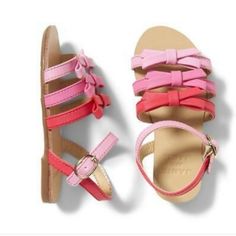 Sweet Ombr Pink Sandals Adorned With Tricolor Bows And Straps. Line Drawn Through Name. Playful Pink Sandals With Round Toe, Playful Pink Sandals For Vacation, Cute Red Sandals For Summer, Playful Pink Closed Toe Sandals, Playful Pink Sandals For Summer, Playful Pink Sandals For The Beach, Pink Sandals With Soft Sole For Vacation, Cute Pink Flat Sandals, Pink Open Toe Sandals For Playtime