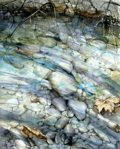 a painting of rocks and water with trees in the backgroung, along with leaves on the ground