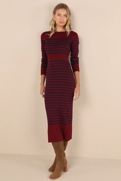 Take on whatever the day brings with stylish confidence in the Lulus Effortlessly Ready Burgundy Striped Ribbed Midi Sweater Dress! Stretchy ribbed knit, with a navy blue striped pattern, shapes this sweater dress with a chic boat neckline framed by long fitted sleeves. The figure-hugging bodice continues into a bodycon skirt that falls to a chic midi hem, perfect for pairing with your favorite fall boots! Fit: This garment fits true to size. Length: Mid-calf length. Size medium measures 48" from shoulder to hem. Bust: Great for any cup size. Waist: Fitted - stretchy fabric allows custom fit. Hip: Fitted - stretchy fabric allows room for hips. Undergarments: May be worn with any standard bra. Fabric: Fabric is very stretchy. Unlined. 55% Viscose, 30% Cotton, 10% Polyester. Hand Wash Cold. Boots Fit, Thanksgiving Dress, Midi Sweater Dress, Red Sweater Dress, Fall Boots, Fitted Sleeves, Long Sleeve Casual Dress, Bodycon Skirt, Ribbed Knit Dress