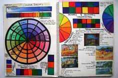 an open book with many different colors and designs on the pages, including one color wheel