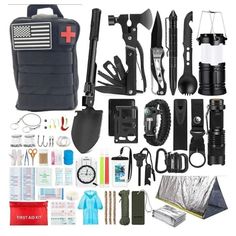 an assortment of tools and supplies are shown in this image with the words survival kit written on it