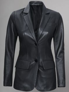 Introducing the Women's Two Button Black Leather Blazer Jacket, a sophisticated and versatile piece that exudes timeless elegance and contemporary style. Crafted from high-quality genuine leather, this blazer jacket offers a perfect blend of durability, comfort, and fashion-forward design. The classic black color of this jacket adds a touch of sophistication to any outfit, making it a versatile wardrobe staple that effortlessly transitions from day to night and from casual to formal occasions. Whether you're heading to the office, attending a business meeting, or going out for dinner, this blazer jacket is sure to make a statement. Featuring a two-button closure and a tailored fit, this jacket offers a flattering silhouette that accentuates your curves and enhances your overall look. The s Tailored Sleek Leather Outerwear, Sleek Leather Jacket With Hidden Button Closure, Tailored Sleek Leather Jacket For Fall, Sleek Leather Jacket With Hidden Buttons, Sleek Tailored Leather Jacket For Fall, Tailored Modern Leather Jacket For Fall, Modern Leather Jacket For Office In Fall, Sleek Single-breasted Leather Jacket With Long Sleeves, Sleek Single Breasted Leather Jacket