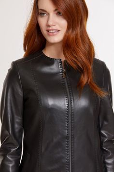 Alessandra Italian Lambskin Leather Jacket | Overland Pick Stitch, Leather Coat Jacket, Lambskin Leather Jacket, Leather Trench Coat, Princess Seams, Chic Look, Signature Look, Princess Seam, Short Jacket