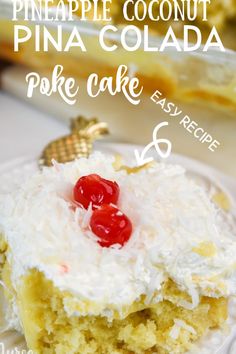 a piece of pineapple coconut pina colada cake on a plate