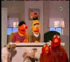 the muppets are standing in front of an icebox and two other characters