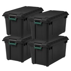 four black plastic storage containers with lids