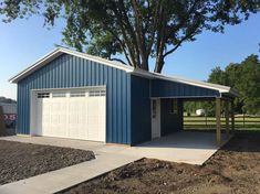 a blue garage with a white door and windows