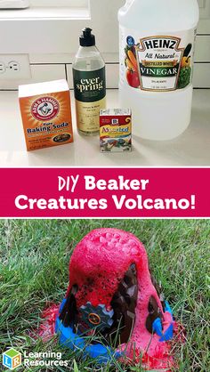 the ingredients for diy beaker creatures volcano are shown in this collage with text overlay