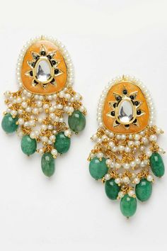 Product Features: Color: Orange, Green, Gold Material: Alloy Metal Work: Kundan, Pearls, Natural Stones, Faux Emerald Plating: Gold-Plated Closure: Insert Closure And Closure Stopper And Kanchain Adjustable: No Dimension: Length Of Earring= 7.2 Cm; Width Of Earring =2.7 Cm; Adjustable - No Package Contain: 1 Pair Earring Occasion: Party Product Type: Chandelier Earrings Disclaimer: There Will Be Slight Difference In Digital To Actual Image Elegant Luxury Green Chandbalis, Luxury Green Chandbali Bridal Earrings, Luxury Green Chandbali Earrings, Luxury Green Kundan Danglers, Luxury Green Chandbali Jhumkas, Luxury Green Chandbalis For Diwali, Cheap Green Chandbali Earrings, Luxury Green Chandbalis In Fusion Style, Cheap Green Chandbali Jewelry