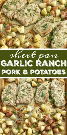 garlic ranch pork and potatoes on a baking sheet with text overlay that reads see pan garlic ranch pork and potatoes