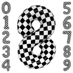 a black and white checkerboard number eight is shown in the shape of a snake