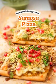 two small pizzas sitting on top of a wooden cutting board with toppings and the title perfect holiday appetizers samosa pizza