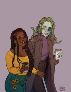 two women with dreadlocks holding coffee cups