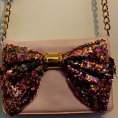 Brand New Very Nice Design Your Little One Will Love It Big Bow With Different Color Sequins Gold Chain Handle With Metal Hard Cute Rectangular Shoulder Bag For Party, Cute Crossbody Party Bags, Cute Gold Bag, Cute Party Shoulder Bag With Adjustable Strap, Cute Party Bag With Adjustable Strap, Cute Party Bags With Adjustable Strap, Cute Pink Shoulder Bag For Evening, Cute Pink Evening Shoulder Bag, Fancy Handbags