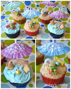 cupcakes decorated with beach decorations and umbrellas