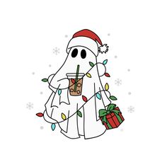 a white ghost with a drink and christmas lights on it's chest, holding a present