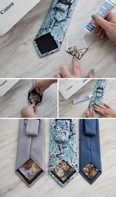 several pictures of different ties on a table with one being opened and the other being folded