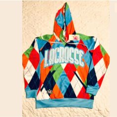 Chill Life Womens Lacrosse Hoodie/Sweatshirt Colorful Argyle Size S - Multicolor - Kangaroo Pocket In Front - Pullover Hoodie Sweatshirt - 100% Polyester - Msrp $70 Multicolor Sports Tops For Fall, Pink Casual Sweatshirt For Sports Events, Casual Multicolor Top For Sports Season, Multicolor Athleisure Sweatshirt For Winter, Athleisure Multicolor Sweatshirt For Winter, Casual Multicolor Hoodie For Sports, Sporty Multicolor Winter Tops, Sporty Multicolor Tops For Winter, Multicolor Sporty Winter Sweatshirt