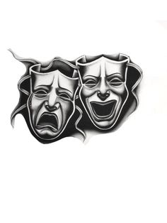 two masks with faces drawn in black and white