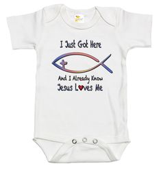 Rapunzie's adorable and heartwarming baby onesie, designed to celebrate the joyous arrival of your little one while embracing the message of faith. Made with love and crafted from 100% cotton, this onesie ensures the utmost comfort for your precious baby. The standout feature of this onesie is the captivating graphic of the fish symbol for Jesus, symbolizing his boundless love and protection. Paired with the charming caption, "I Just Got Here and I Already Know Jesus Loves Me," it serves as a be Cotton Baptism Onesie With Short Sleeves, Fish Symbol, Baby Arrival, The Embrace, Jesus Loves Me, Spread Love, Jesus Loves, Cool Suits, Made With Love